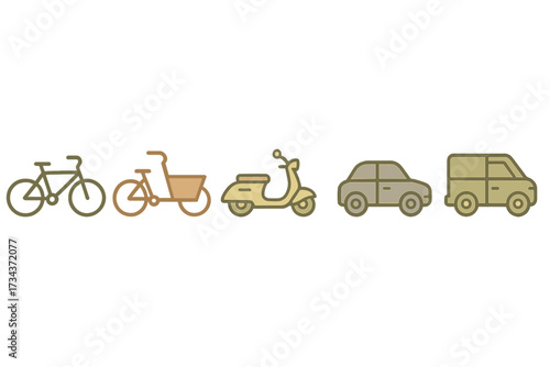 Diverse urban transportation vehicles for city mobility, featuring bicycles, scooter, car, and delivery van