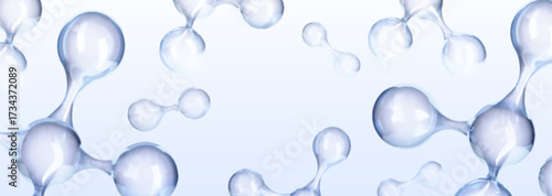 Chemical atom 3d molecular structures with transparent blue spheres and connecting bonds for scientific design. Abstract molecules float on white background for education or research presentation.