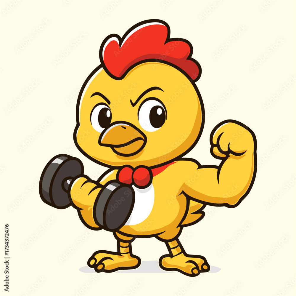 Obraz premium Cartoon chick mascot flexing its muscle