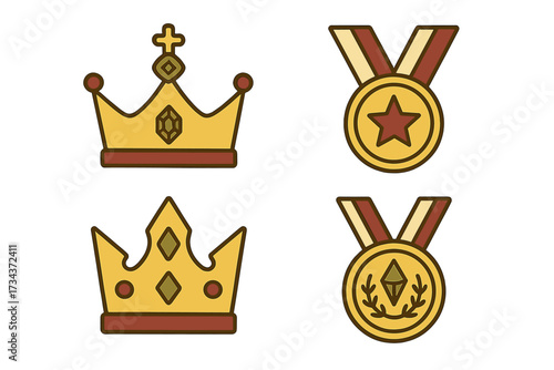 Regal golden crowns and prestigious award medals with intricate decorative elements and colorful ribbons