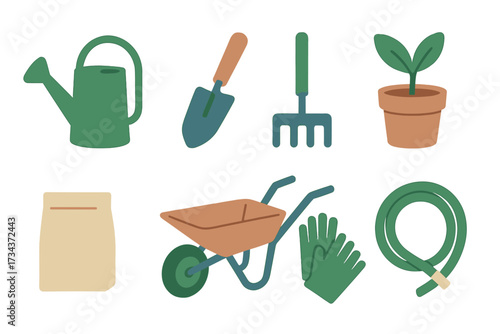 Comprehensive collection of essential gardening tools and equipment for planting, cultivation, and garden maintenance