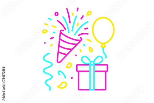 Bright party celebration elements with an exploding popper, scattered confetti, a floating balloon, and a neatly wrapped present box