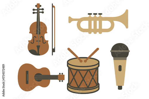 Diverse musical instruments set featuring string, brass, percussion, and vocal equipment for sound and performance
