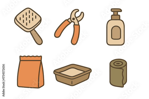 Essential pet grooming and hygiene supplies including brush, nail clippers, shampoo, food bag, litter box, and waste bags