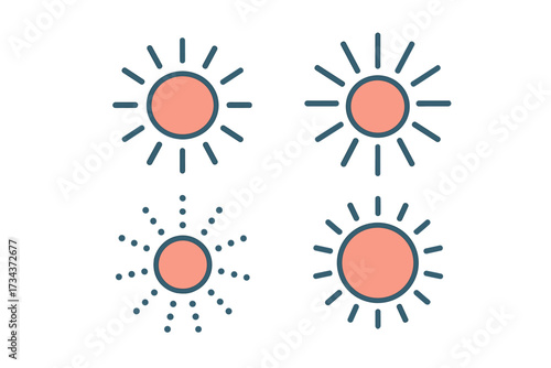 Collection of stylized sun icons with varying ray designs representing weather, climate, and brightness