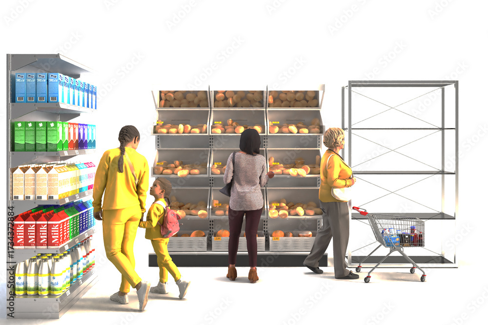 Obraz premium Several customers browse milk bread and empty shelves in a supermarket.