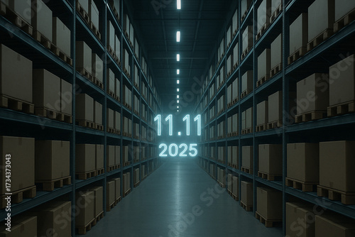  Futuristic warehouse aisle of parcels with neon 11.11 2025 — logistics and fulfillment background for Singles’ Day e-commerce