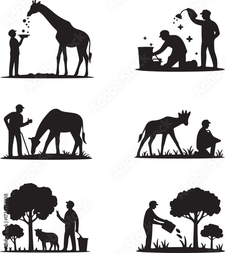 Silhouettes of people interacting with animals and nature in various scenes