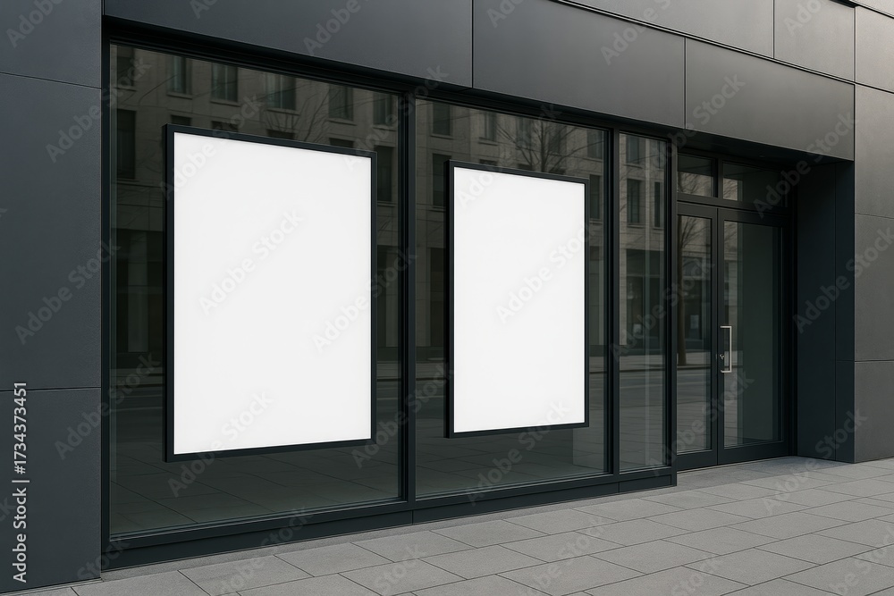 Fototapeta premium Empty poster mock up on modern glass storefront with blank white space for advertising or branding in urban setting with contemporary architecture. Ai generative