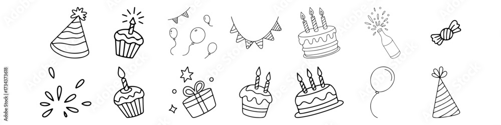 Obraz premium A set of hand drawn party doodles. Celebration elements like cake, gifts, balloons, and confetti for birthdays and festive events.
