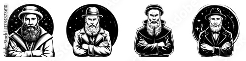 Vintage style portraits of bearded men in hats. Set of monochrome character emblems or logos for a classic, retro, or masculine brand.