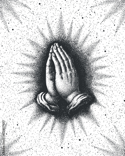A classic illustration of praying hands surrounded by a radiant light effect symbolizing spirituality..