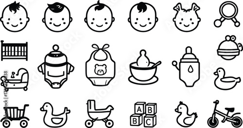 Baby icons set vector illustration of cute baby elements for newborn and toddler needs graphic design 100