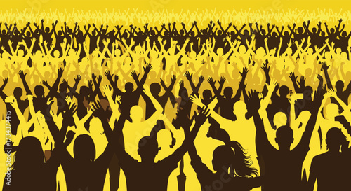 A large crowd of people with their hands raised in a celebratory gesture.