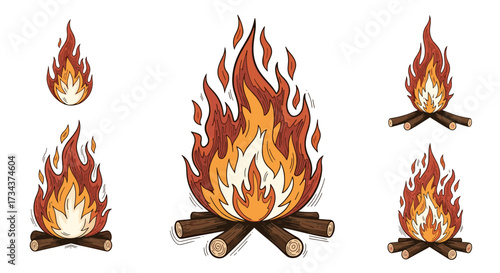 Set of hand-drawn campfire vector illustrations in a comic style isolated on transparent background