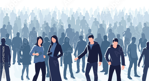 Diverse group of people standing out from a large blurred crowd.