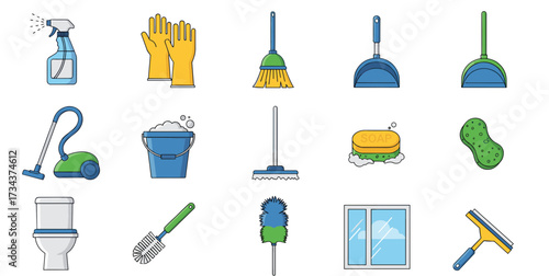 Household cleaning tools and supplies. SVG vector illustration isolated on transparent background.