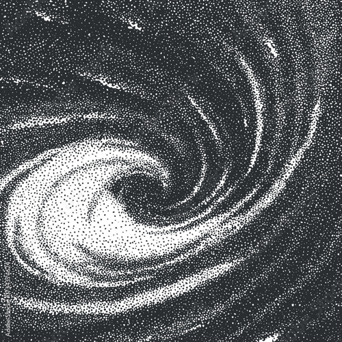 An abstract illustration of a swirling galaxy pattern in black and white dots..