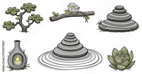 Hand-drawn Zen garden icon set with bonsai and stones isolated on transparent background svg.