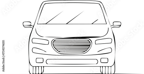 Simple black and white line art of a generic modern car front view. Vector outline illustration for design