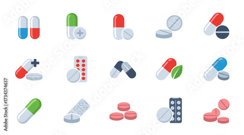 Medicine pills and capsules health icons. SVG vector illustration isolated on transparent background.