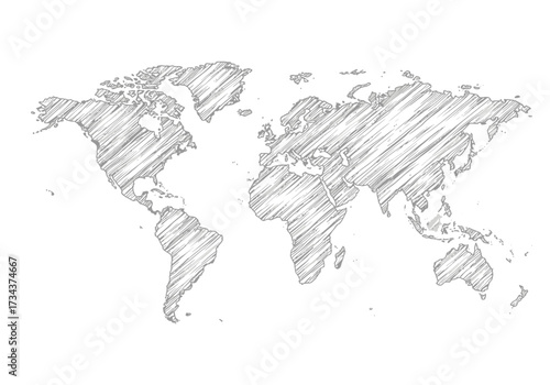 A gray world map is created with a sketchlike effect against a white background