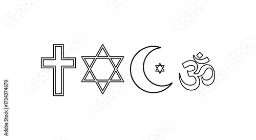 Global religious symbols, spiritual diversity & unity, isolated SVG vector illustration transparent background.