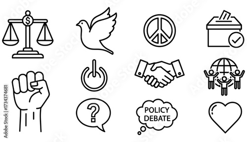 Social justice and human rights universal outline symbols vector illustration isolated on transparent background