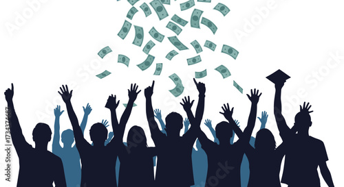 A large group of excited people celebrating as money rains down on them from above.