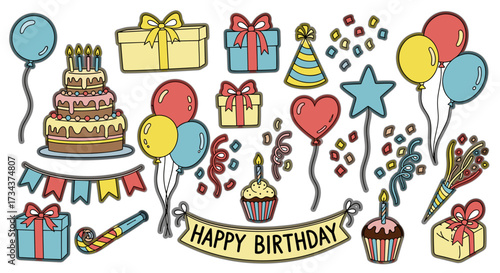 Set of cartoon birthday party stickers with cake and gifts isolated on transparent background svg