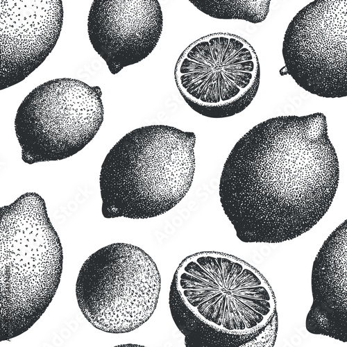 A monochrome illustration of lemons and sliced lemon arranged in a seamless pattern..