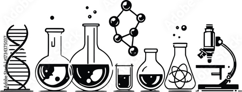 Science lab equipment vector illustration dna microscope beakers molecule for education and research