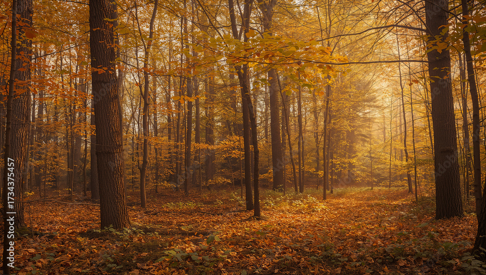 Obraz premium Misty Forest Landscape with Golden Hues at Dawn