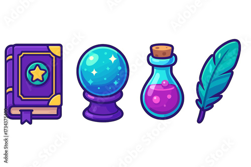 Magical fantasy objects set with ancient spell book, glowing crystal ball, mysterious potion bottle, and elegant feather quill for witchcraft