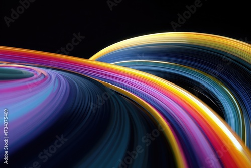 Swirling colorful ribbons flow against a dark backdrop, creating an abstract visual