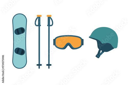 Winter sports equipment set including snowboard, ski poles, goggles, and helmet for snow activities