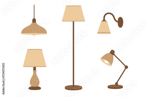 Assortment of stylish lighting fixtures for home and office interiors, featuring floor, table, wall, and pendant lamps