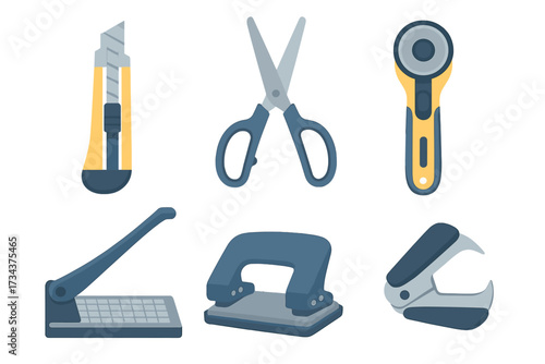 Assortment of essential office and craft tools including scissors, utility knife, hole punch, and paper trimmer