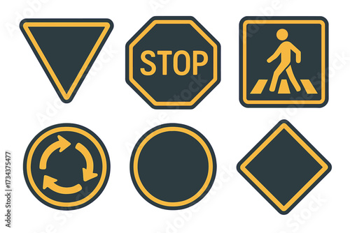 Collection of essential traffic control signs including stop, yield, and pedestrian crossing symbols, with blank warning and regulatory shapes