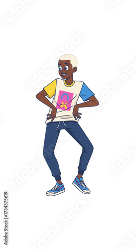 Young black man dancing with enthusiasm in colorful clothing, image diversity concept  