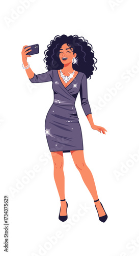 Confident black woman taking a selfie in a stylish dress, image diversity concept  