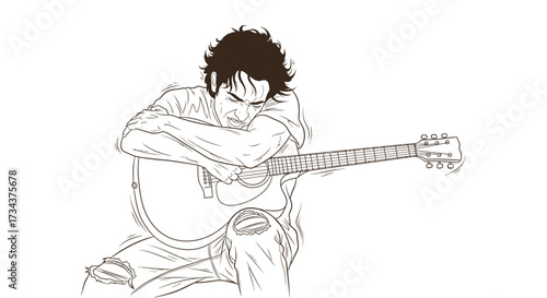 Young man sitting and playing guitar with a focused expression, image diversity concept  