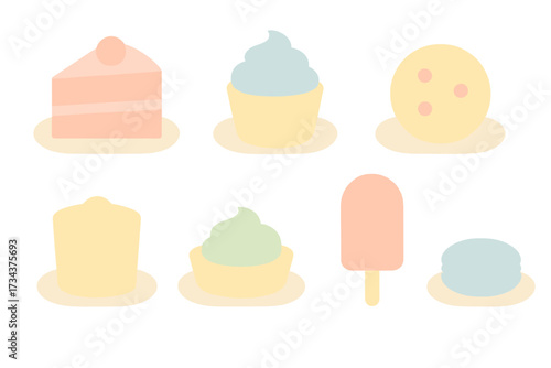 Collection of various sweet desserts including cake, cupcakes, cookies, ice cream, and macarons in soft pastel colors