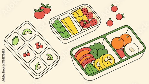 Illustration of lunch boxes with healthy food like tomatoes, kiwi, and oranges, perfect for school lunches and promoting healthy eating habits