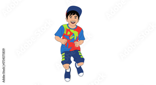 Young boy jumping joyfully in colorful clothes on a white background, image diversity concept  
