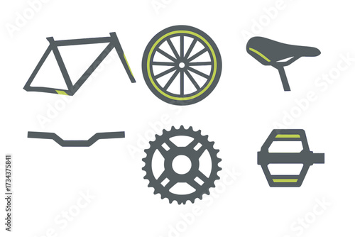 Essential bicycle components set with frame, wheel, saddle, handlebars, sprocket, and pedal for cycling projects
