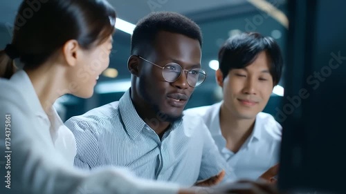 Cinematic footage of a diverse software engineering team collaboratively testing mobile apps with Chinese IT frameworks, highlighting global corporate teamwork.