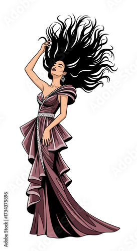 Elegant woman in flowing dress with voluminous hair in motion, image diversity concept, image diversity concept  