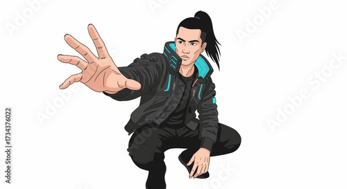 Young man reaching out while squatting in modern attire, image diversity concept  