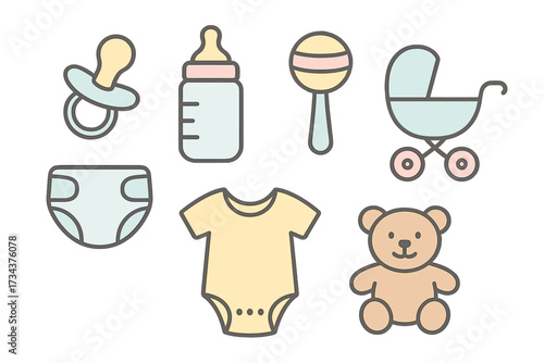 Collection of essential baby items including pacifier, bottle, rattle, stroller, diaper, bodysuit, and teddy bear